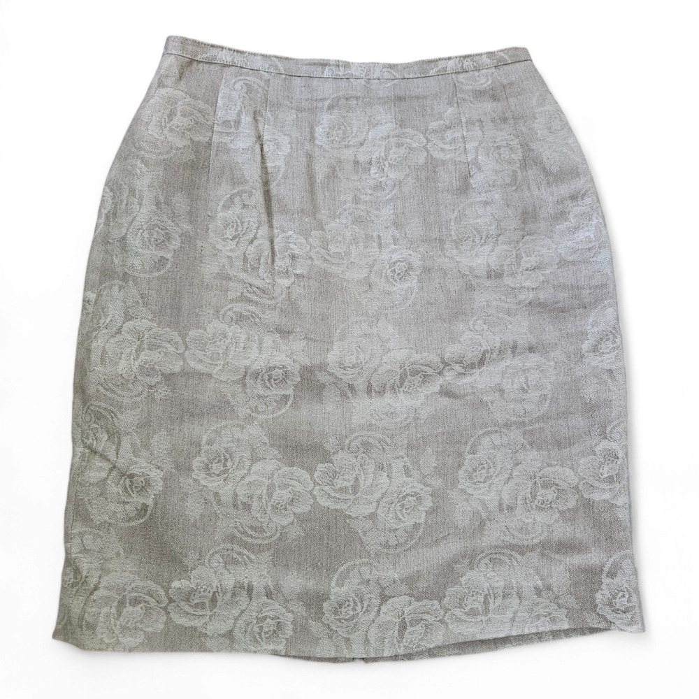 Vintage Harve Benard size 10 100% Linen Tan and Cream Floral A Line Split Skirt
